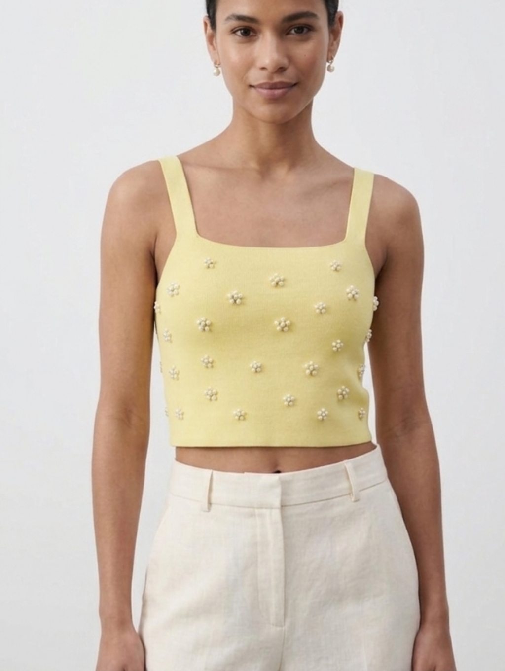 Zara Yellow Floral Pearl Embellished Knit Crop Top Coquette Pastel L